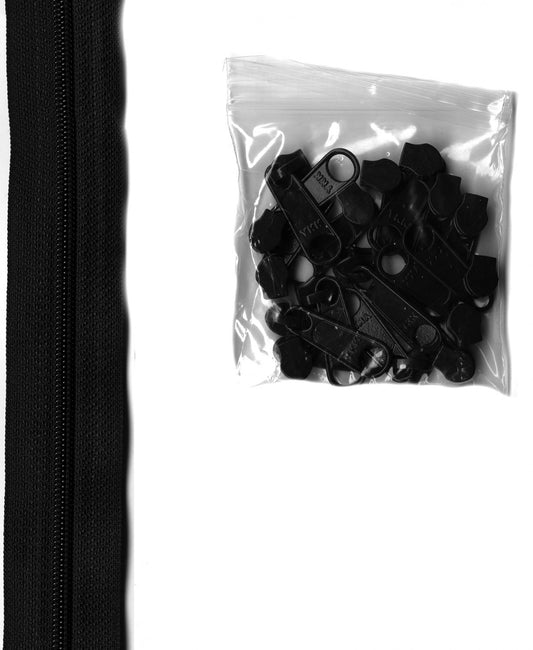 4 Yards of 16mm #4.5 Zipper Chain and 16 Extra-Large Coordinated Pulls  Black # ZIPYD-105-  Special Order