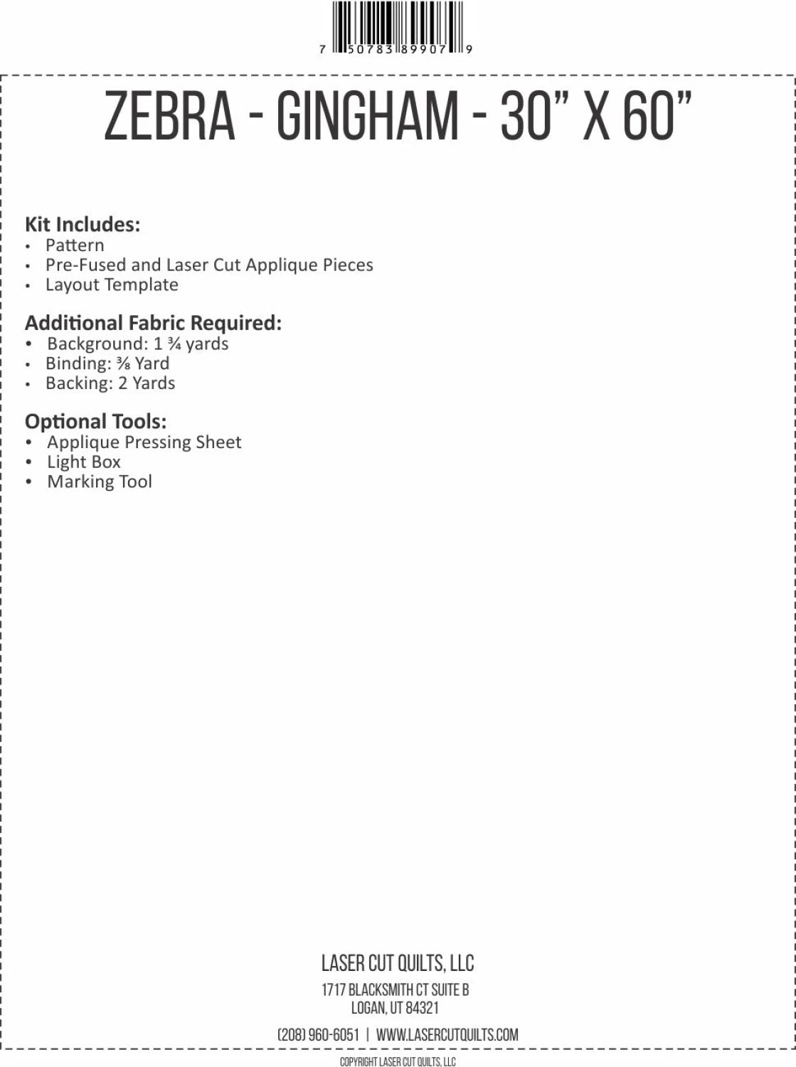 Zebra - Gingham # LCQF899079 - Kit - Special Order