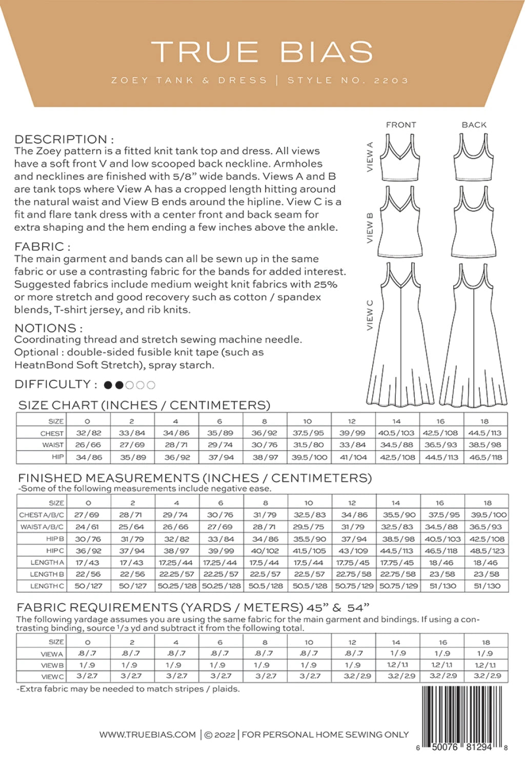 Zoey Tanktop & Dress Pattern by TrueBias Patterns : Size 0-18 - Special Order