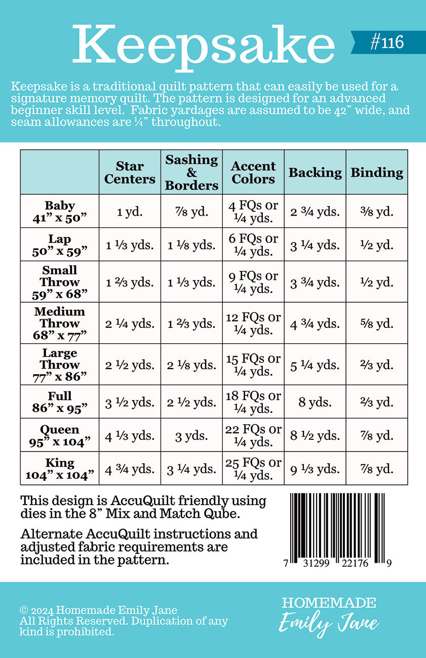 Keepsake Quilt Pattern # HMEJ116 - Special Order