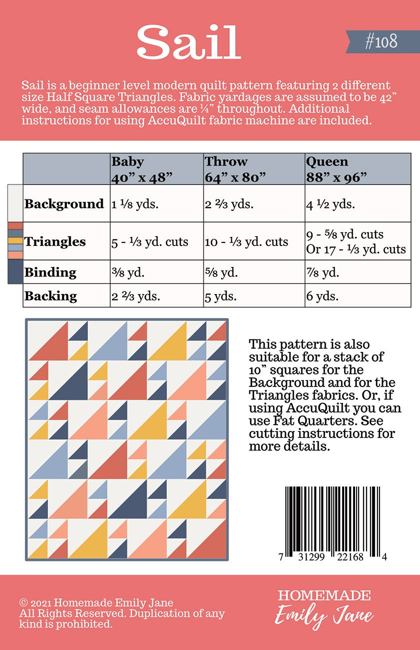 Sail Quilt Pattern # HMEJ108 - Special Order