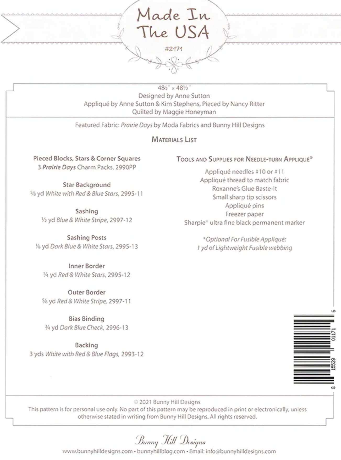 Made In The USA Quilt Pattern by Bunny Hill Designs