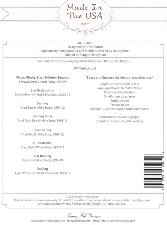 Made In The USA Quilt Pattern by Bunny Hill Designs